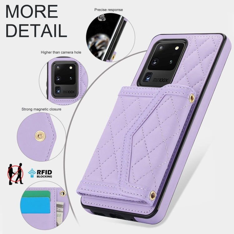 For Samsung Galaxy S20 Ultra Splicing Rhombic Texture Card Bag Phone Case with Long Lanyard