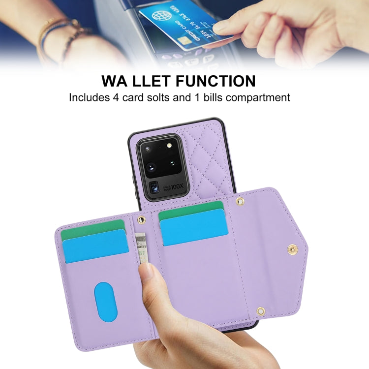 For Samsung Galaxy S20 Ultra Splicing Rhombic Texture Card Bag Phone Case with Long Lanyard