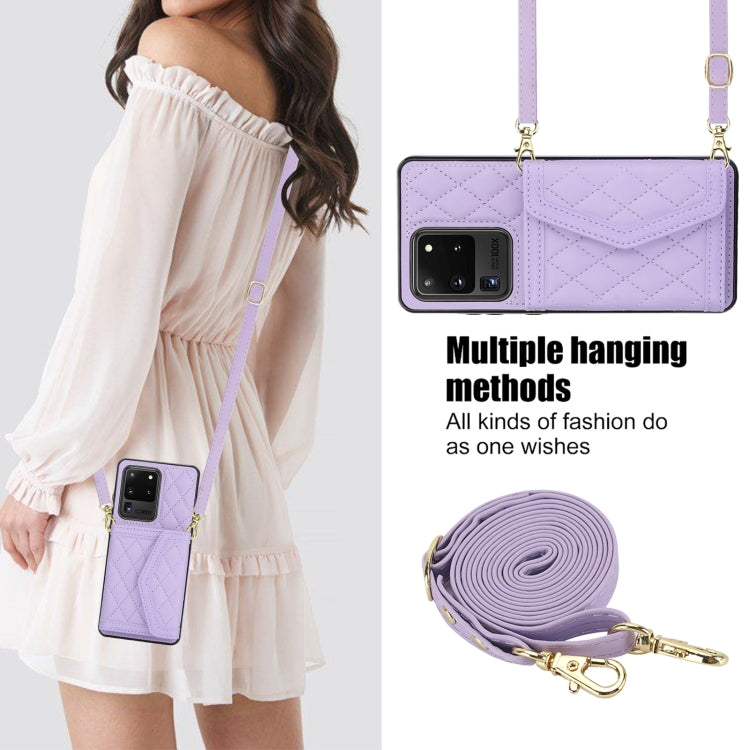 For Samsung Galaxy S20 Ultra Splicing Rhombic Texture Card Bag Phone Case with Long Lanyard