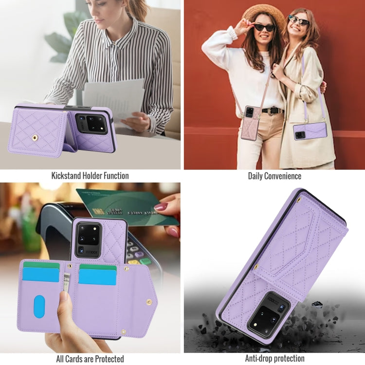 For Samsung Galaxy S20 Ultra Splicing Rhombic Texture Card Bag Phone Case with Long Lanyard