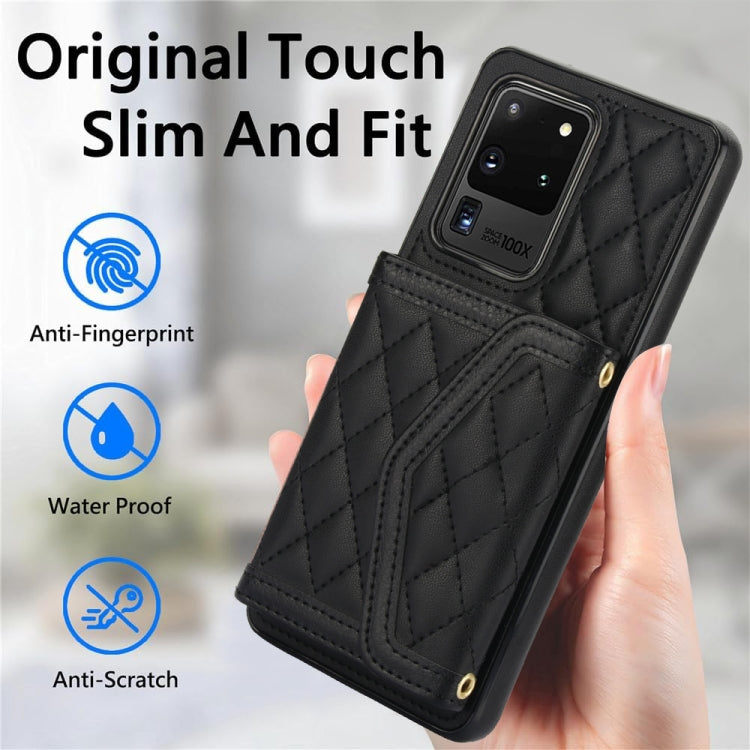 For Samsung Galaxy S20 Ultra Splicing Rhombic Texture Card Bag Phone Case with Long Lanyard