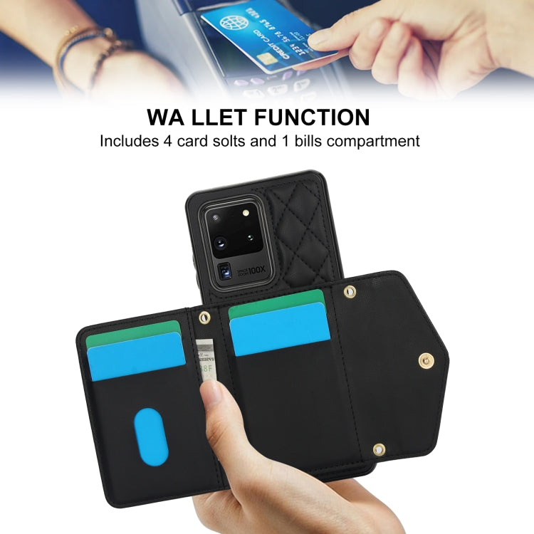 For Samsung Galaxy S20 Ultra Splicing Rhombic Texture Card Bag Phone Case with Long Lanyard