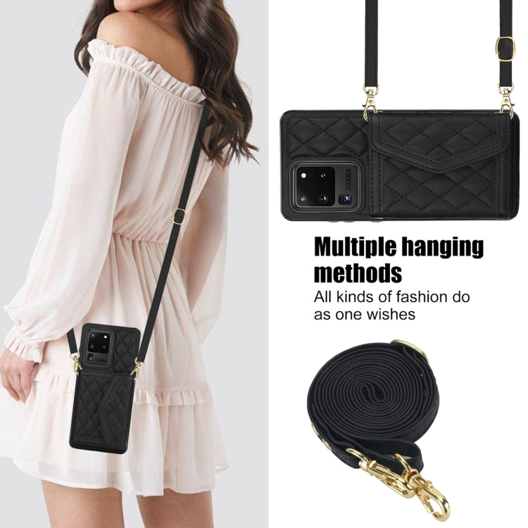 For Samsung Galaxy S20 Ultra Splicing Rhombic Texture Card Bag Phone Case with Long Lanyard