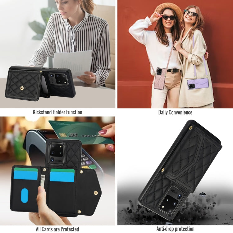For Samsung Galaxy S20 Ultra Splicing Rhombic Texture Card Bag Phone Case with Long Lanyard