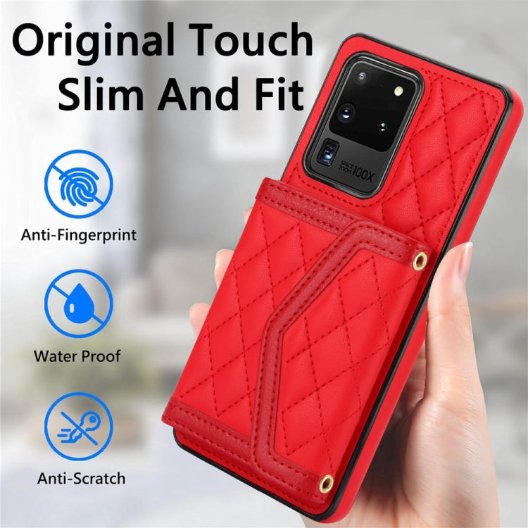 For Samsung Galaxy S20 Ultra Splicing Rhombic Texture Card Bag Phone Case with Long Lanyard
