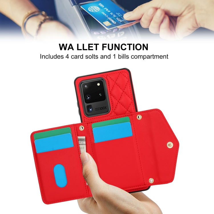 For Samsung Galaxy S20 Ultra Splicing Rhombic Texture Card Bag Phone Case with Long Lanyard