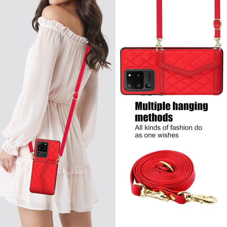 For Samsung Galaxy S20 Ultra Splicing Rhombic Texture Card Bag Phone Case with Long Lanyard