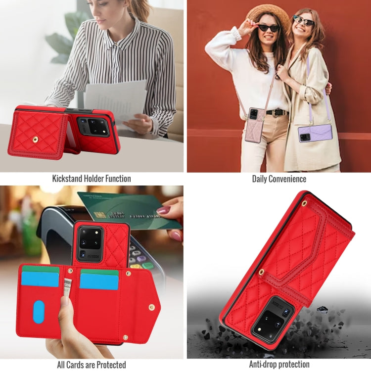 For Samsung Galaxy S20 Ultra Splicing Rhombic Texture Card Bag Phone Case with Long Lanyard
