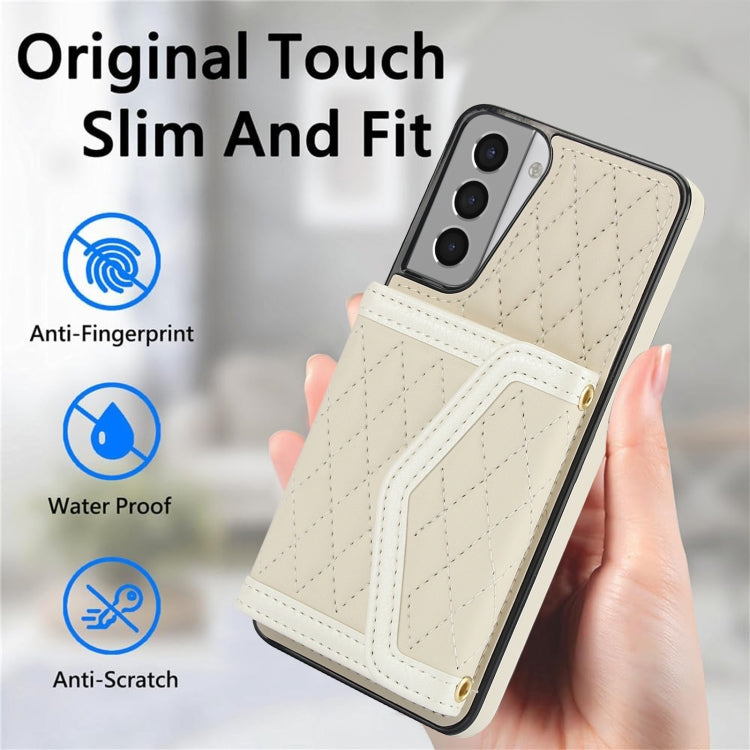 For Samsung Galaxy S21 5G Splicing Rhombic Texture Card Bag Phone Case with Long Lanyard