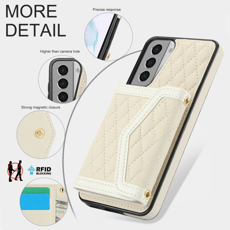 For Samsung Galaxy S21 5G Splicing Rhombic Texture Card Bag Phone Case with Long Lanyard