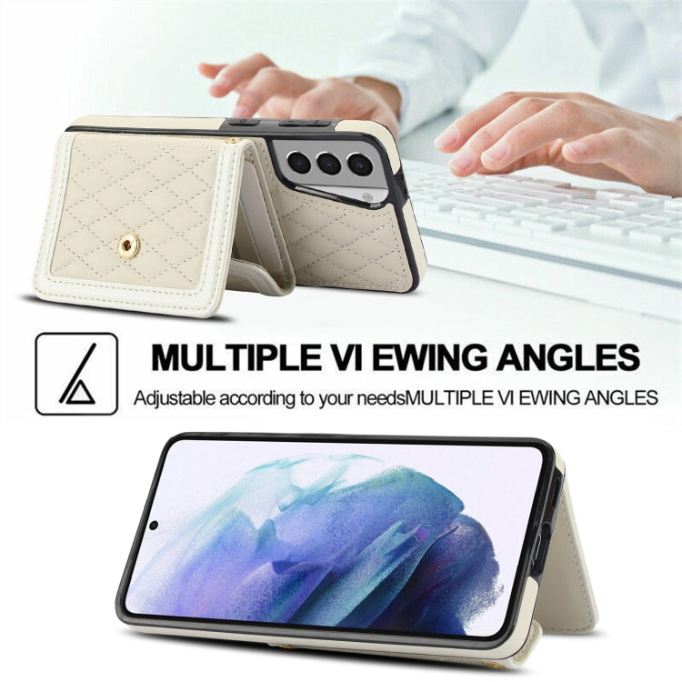 For Samsung Galaxy S21 5G Splicing Rhombic Texture Card Bag Phone Case with Long Lanyard