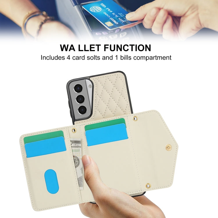 For Samsung Galaxy S21 5G Splicing Rhombic Texture Card Bag Phone Case with Long Lanyard