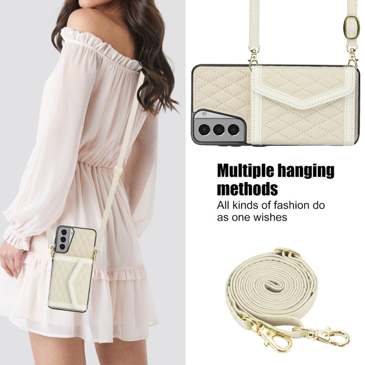 For Samsung Galaxy S21 5G Splicing Rhombic Texture Card Bag Phone Case with Long Lanyard