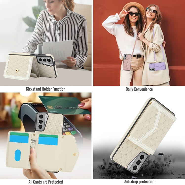 For Samsung Galaxy S21 5G Splicing Rhombic Texture Card Bag Phone Case with Long Lanyard