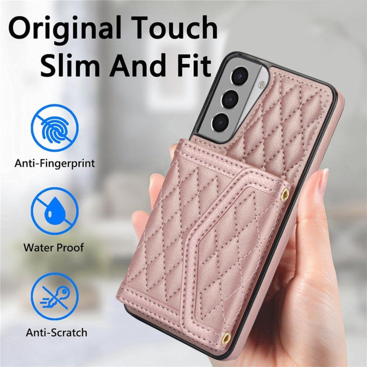 For Samsung Galaxy S21 5G Splicing Rhombic Texture Card Bag Phone Case with Long Lanyard