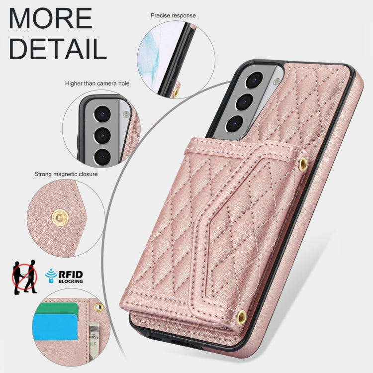 For Samsung Galaxy S21 5G Splicing Rhombic Texture Card Bag Phone Case with Long Lanyard