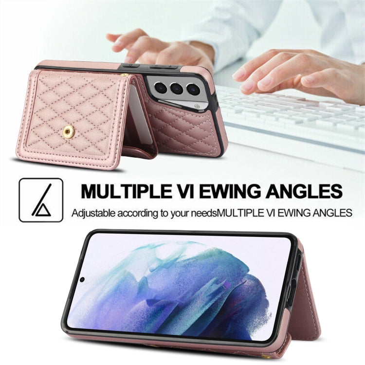 For Samsung Galaxy S21 5G Splicing Rhombic Texture Card Bag Phone Case with Long Lanyard