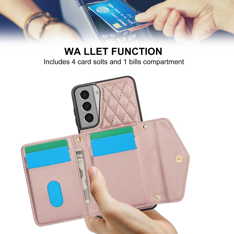For Samsung Galaxy S21 5G Splicing Rhombic Texture Card Bag Phone Case with Long Lanyard