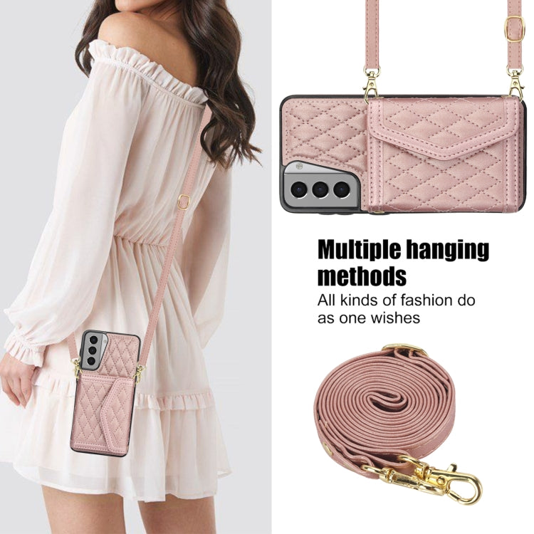 For Samsung Galaxy S21 5G Splicing Rhombic Texture Card Bag Phone Case with Long Lanyard