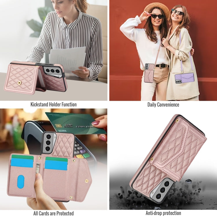 For Samsung Galaxy S21 5G Splicing Rhombic Texture Card Bag Phone Case with Long Lanyard