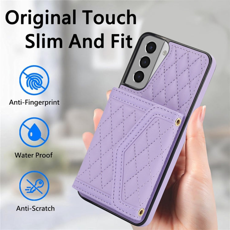 For Samsung Galaxy S21 5G Splicing Rhombic Texture Card Bag Phone Case with Long Lanyard