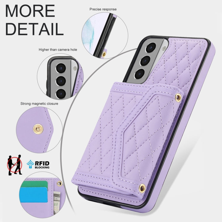 For Samsung Galaxy S21 5G Splicing Rhombic Texture Card Bag Phone Case with Long Lanyard