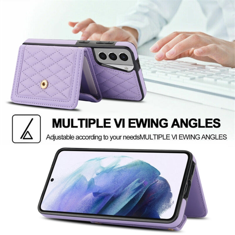 For Samsung Galaxy S21 5G Splicing Rhombic Texture Card Bag Phone Case with Long Lanyard