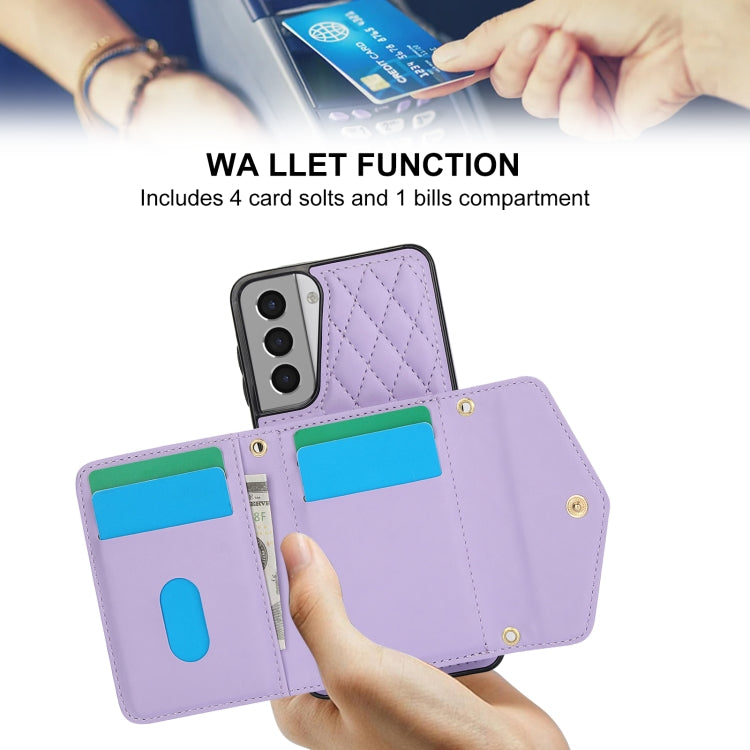 For Samsung Galaxy S21 5G Splicing Rhombic Texture Card Bag Phone Case with Long Lanyard