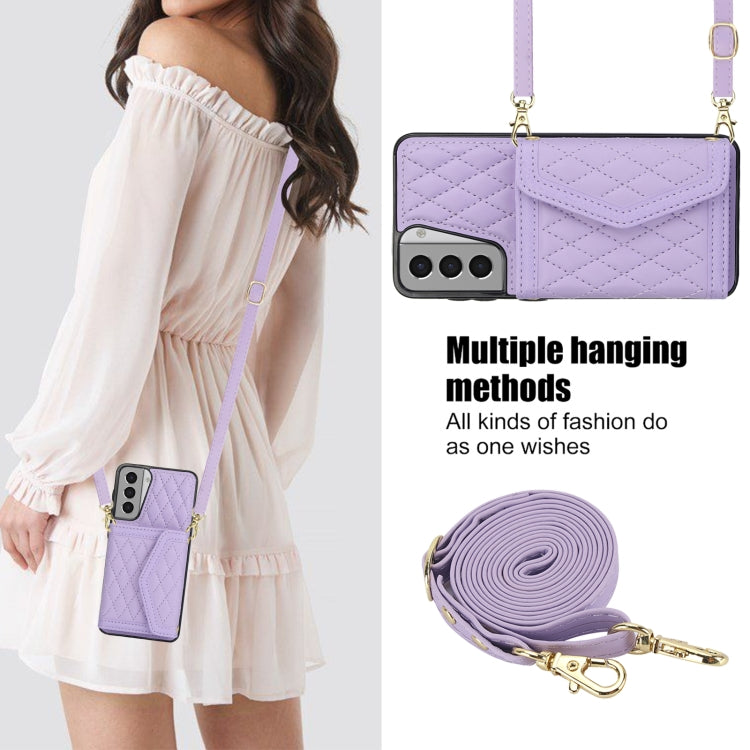 For Samsung Galaxy S21 5G Splicing Rhombic Texture Card Bag Phone Case with Long Lanyard