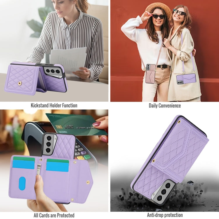 For Samsung Galaxy S21 5G Splicing Rhombic Texture Card Bag Phone Case with Long Lanyard