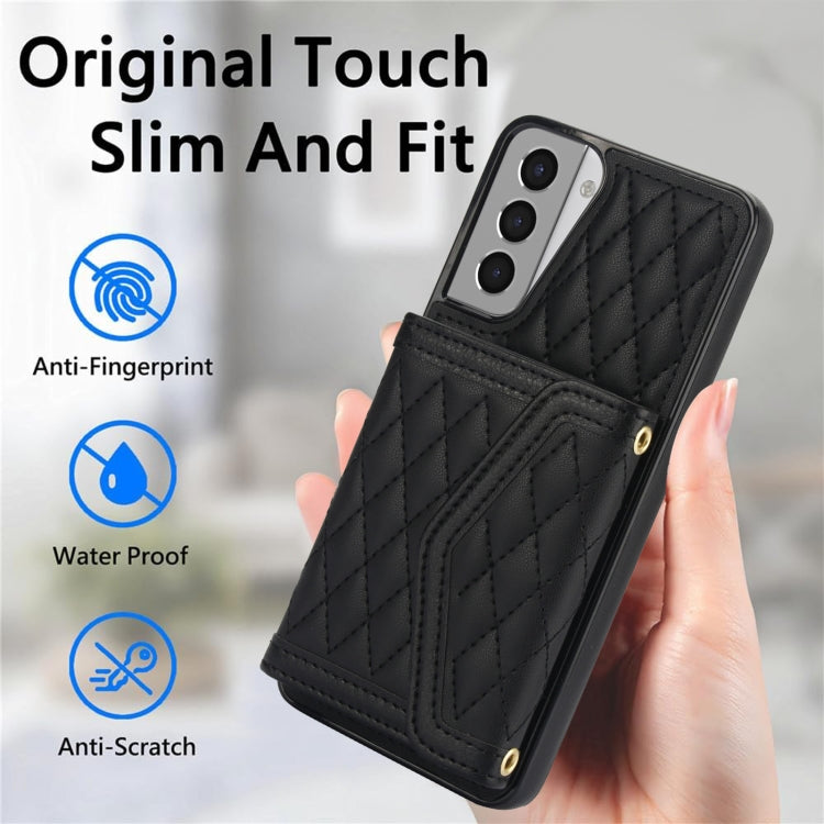 For Samsung Galaxy S21 5G Splicing Rhombic Texture Card Bag Phone Case with Long Lanyard