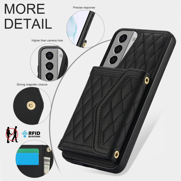For Samsung Galaxy S21 5G Splicing Rhombic Texture Card Bag Phone Case with Long Lanyard