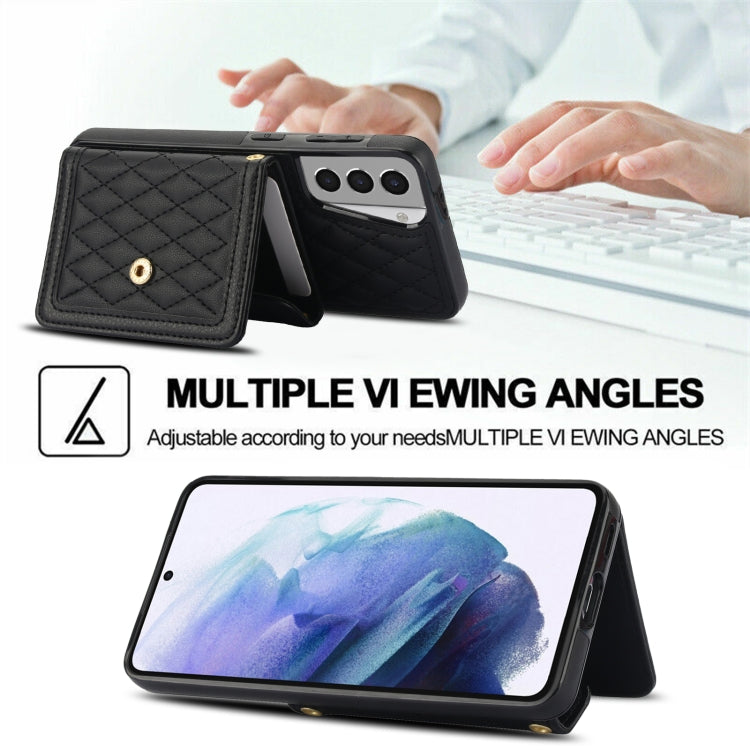 For Samsung Galaxy S21 5G Splicing Rhombic Texture Card Bag Phone Case with Long Lanyard