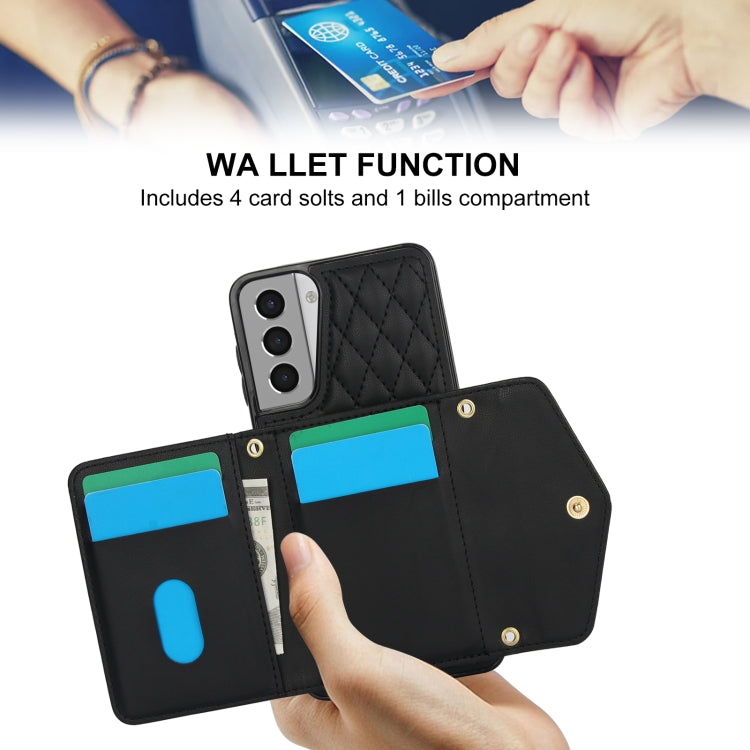 For Samsung Galaxy S21 5G Splicing Rhombic Texture Card Bag Phone Case with Long Lanyard