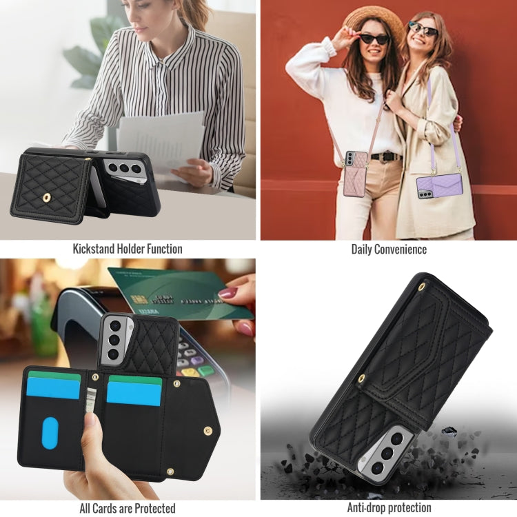 For Samsung Galaxy S21 5G Splicing Rhombic Texture Card Bag Phone Case with Long Lanyard