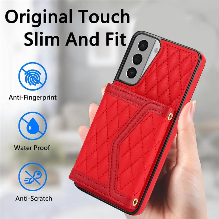 For Samsung Galaxy S21 5G Splicing Rhombic Texture Card Bag Phone Case with Long Lanyard