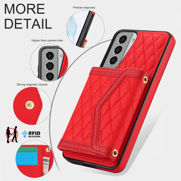 For Samsung Galaxy S21 5G Splicing Rhombic Texture Card Bag Phone Case with Long Lanyard