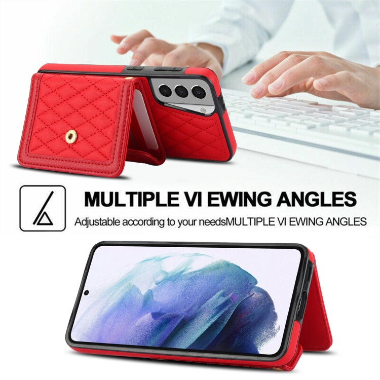 For Samsung Galaxy S21 5G Splicing Rhombic Texture Card Bag Phone Case with Long Lanyard