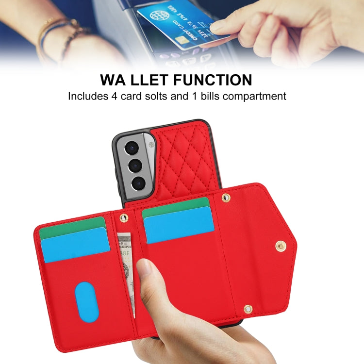 For Samsung Galaxy S21 5G Splicing Rhombic Texture Card Bag Phone Case with Long Lanyard