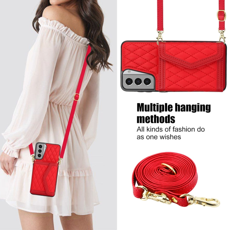 For Samsung Galaxy S21 5G Splicing Rhombic Texture Card Bag Phone Case with Long Lanyard