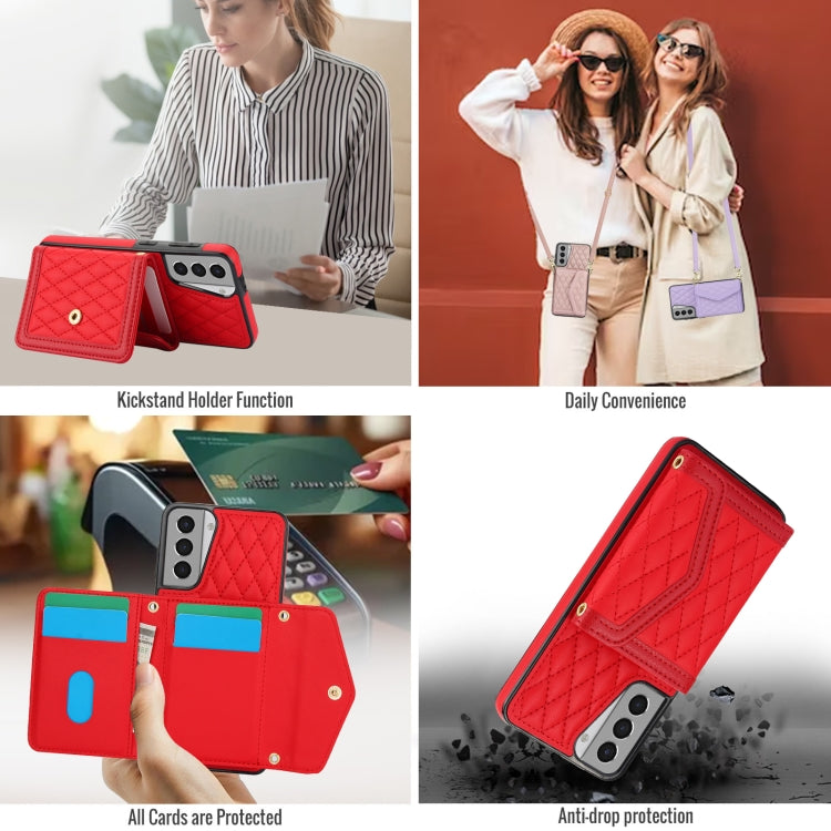 For Samsung Galaxy S21 5G Splicing Rhombic Texture Card Bag Phone Case with Long Lanyard
