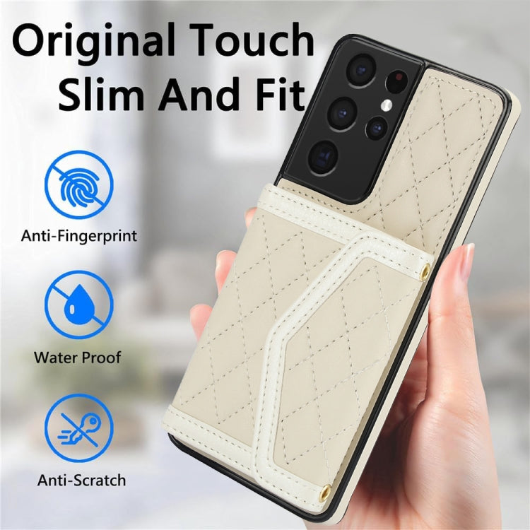 For Samsung Galaxy S21 Ultra 5G Splicing Rhombic Texture Card Bag Phone Case with Long Lanyard
