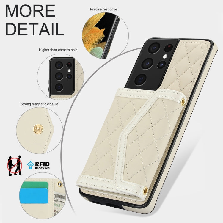For Samsung Galaxy S21 Ultra 5G Splicing Rhombic Texture Card Bag Phone Case with Long Lanyard