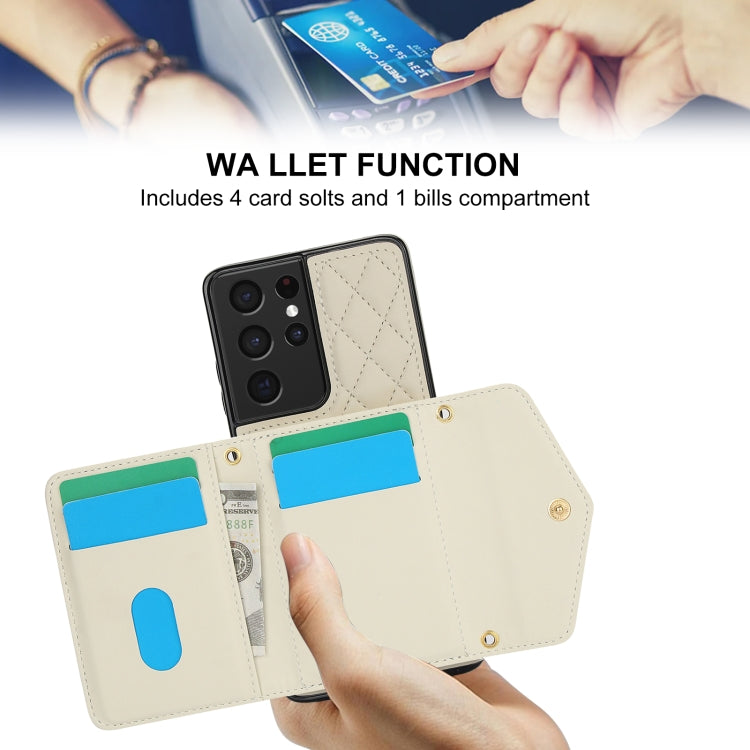 For Samsung Galaxy S21 Ultra 5G Splicing Rhombic Texture Card Bag Phone Case with Long Lanyard