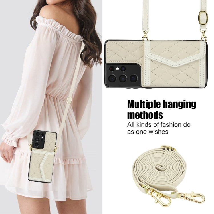 For Samsung Galaxy S21 Ultra 5G Splicing Rhombic Texture Card Bag Phone Case with Long Lanyard