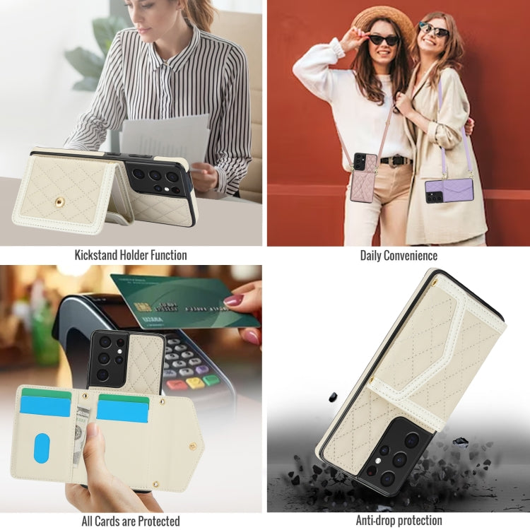 For Samsung Galaxy S21 Ultra 5G Splicing Rhombic Texture Card Bag Phone Case with Long Lanyard