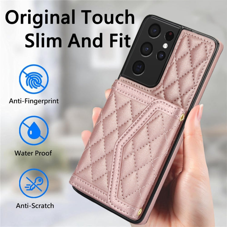 For Samsung Galaxy S21 Ultra 5G Splicing Rhombic Texture Card Bag Phone Case with Long Lanyard