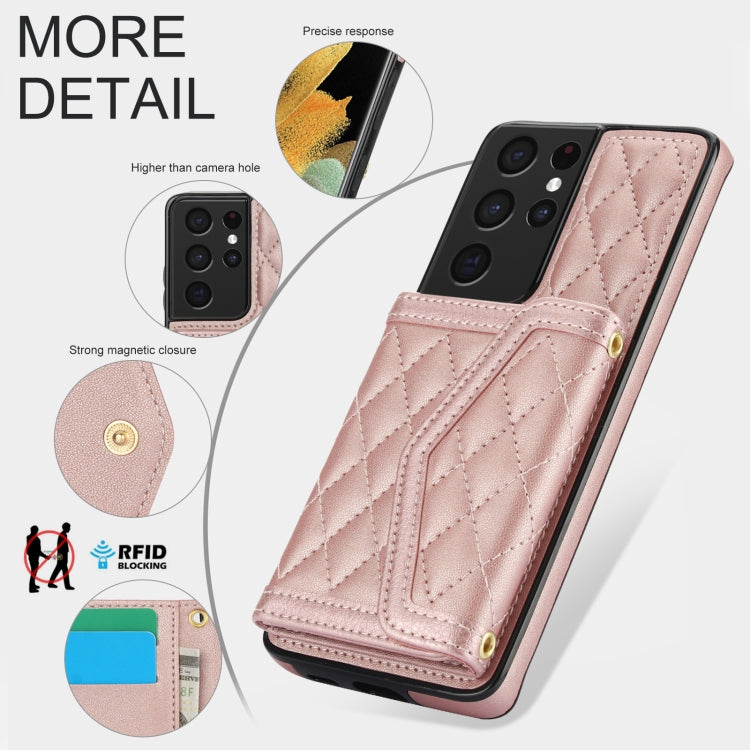 For Samsung Galaxy S21 Ultra 5G Splicing Rhombic Texture Card Bag Phone Case with Long Lanyard