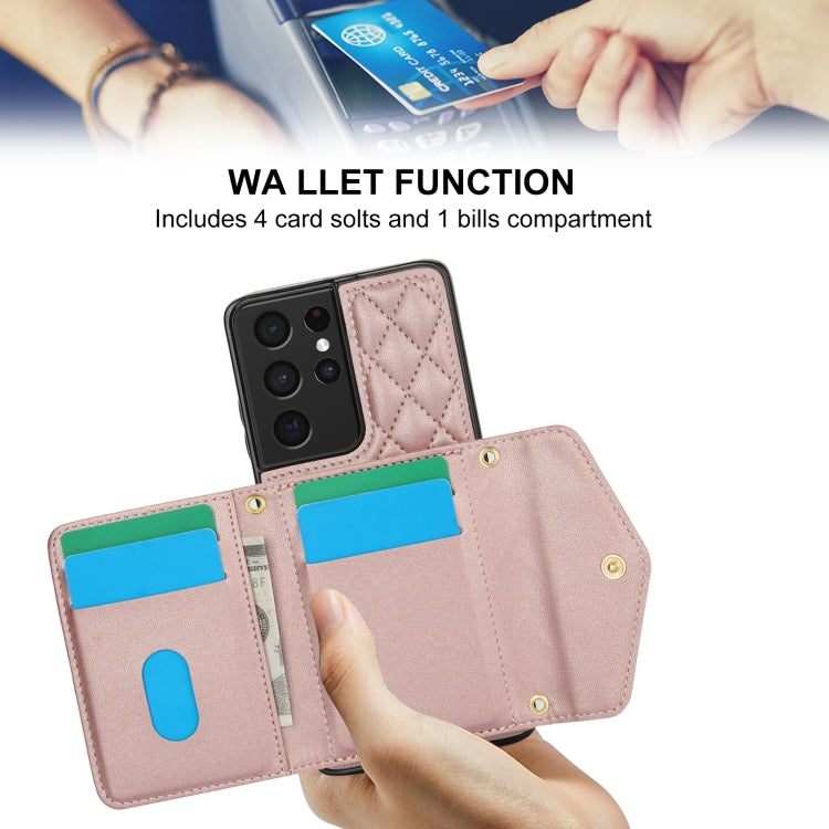 For Samsung Galaxy S21 Ultra 5G Splicing Rhombic Texture Card Bag Phone Case with Long Lanyard
