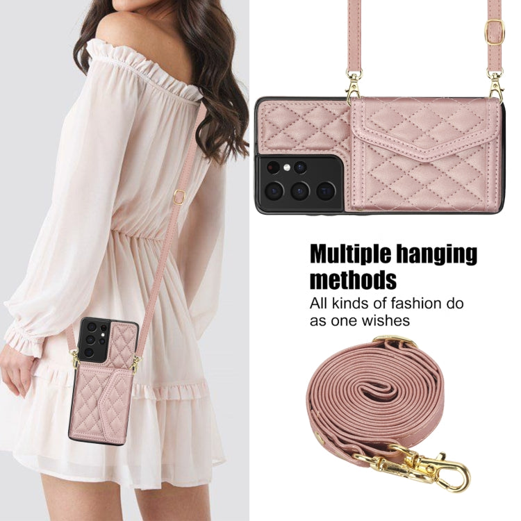 For Samsung Galaxy S21 Ultra 5G Splicing Rhombic Texture Card Bag Phone Case with Long Lanyard